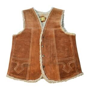 VTG Sherpa Suede Leather Vest Mens Medium Western Cowboy 70s Rodeo Bohemian Boho